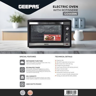 Geepas Electric Oven GO4459 | 60L Large Capacity | 2000W Powerful Performance with Rotisserie Function | Adjustable Temperature Control | Durable & Efficient Design