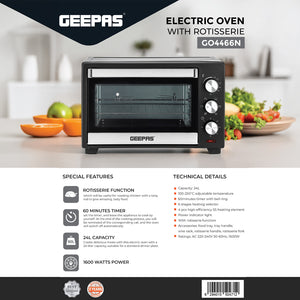Geepas GO4466 Electric Oven with Rotisserie | 24L Capacity | 1600W Power | Adjustable Temperature Control | 60-Minute Timer | Perfect for Baking, Grilling, and Roasting
