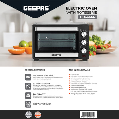 Geepas GO4466 Electric Oven with Rotisserie | 24L Capacity | 1600W Power | Adjustable Temperature Control | 60-Minute Timer | Perfect for Baking, Grilling, and Roasting