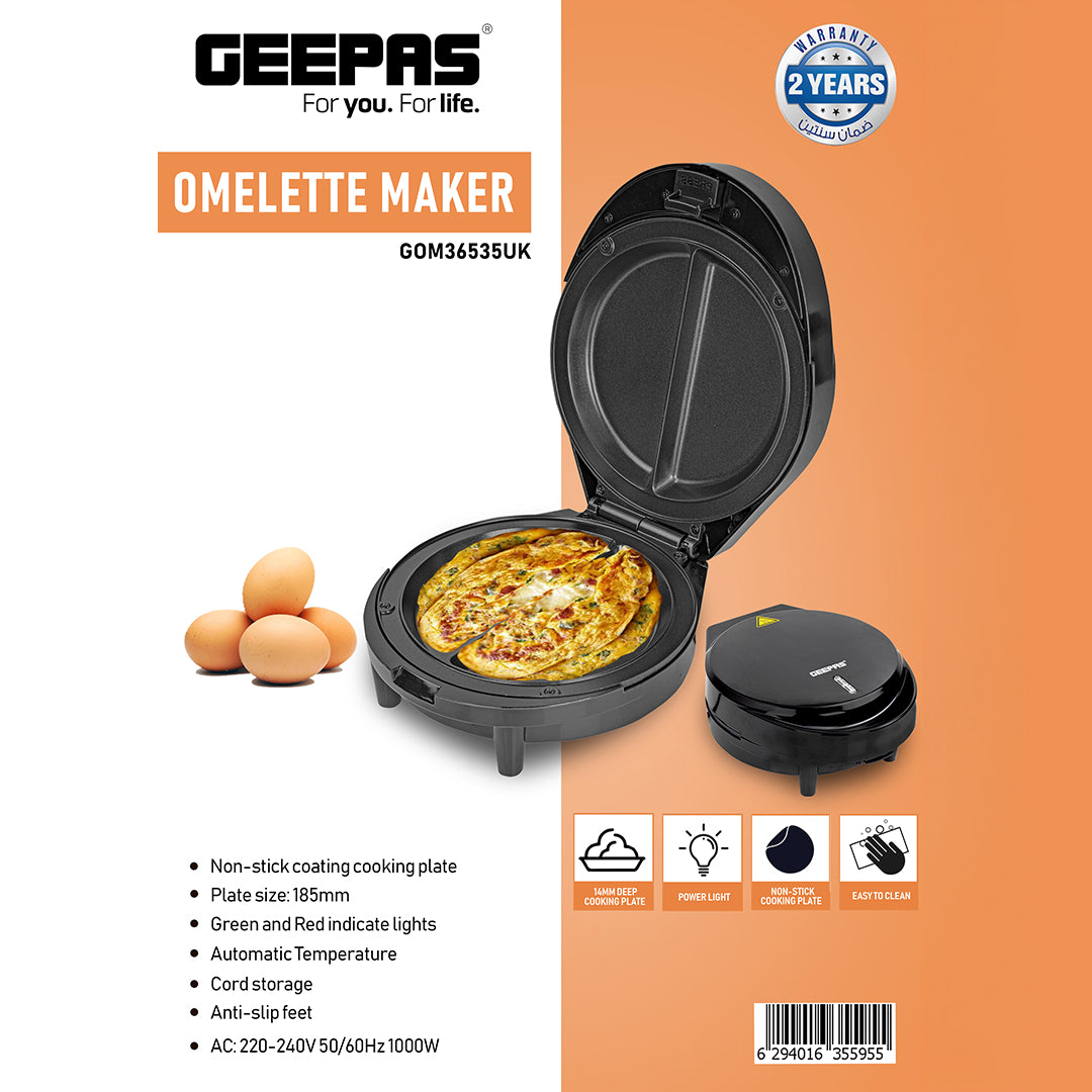 Geepas Omelette Maker GOM36535UK | Non-Stick 185mm Plate| 1000W Power | Green & Red Indicator Lights| Automatic Temperature Control| Anti-Slip Feet | 2 Years Warranty