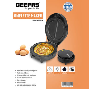 Geepas Omelette Maker GOM36535UK | Non-Stick 185mm Plate| 1000W Power | Green & Red Indicator Lights| Automatic Temperature Control| Anti-Slip Feet | 2 Years Warranty