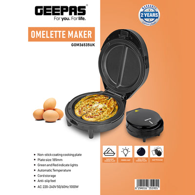 Geepas Omelette Maker GOM36535UK | Non-Stick 185mm Plate| 1000W Power | Green & Red Indicator Lights| Automatic Temperature Control| Anti-Slip Feet | 2 Years Warranty