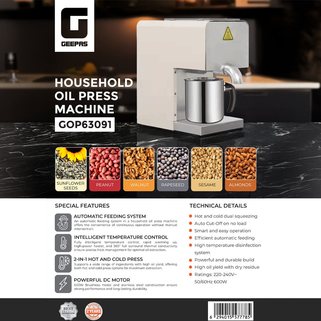 Geepas GOP63091 Household Oil Press Machine | 2-in-1 Hot & Cold Press Oil Extractor | Automatic Feeding | Intelligent Temperature Control | 600W Motor for Home Use