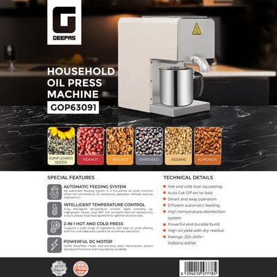 Geepas GOP63091 Household Oil Press Machine | 2-in-1 Hot & Cold Press Oil Extractor | Automatic Feeding | Intelligent Temperature Control | 600W Motor for Home Use