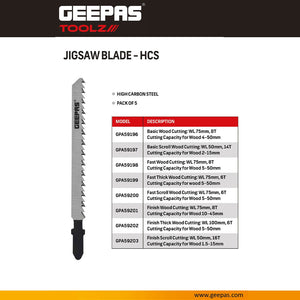 Geepas GPA59198 HCS Jigsaw Blades for Wood Cutting | High Carbon Steel Jigsaw Blade | Compatible with Standard Jigsaws, Fast, Fine, Scroll & Thick Wood Cutting Blades