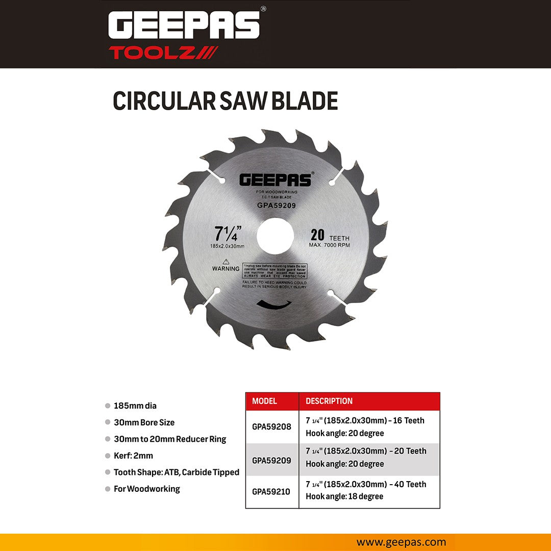 Geepas GPA59208 T.C.T Circular Saw Blade 185mm (7¼ Inch) 16T | Carbide Tipped Wood Cutting Blade with 30mm Bore & 20mm Reducer Ring for Timber | Plywood and MDF
