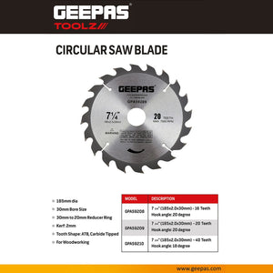 Geepas GPA59208 T.C.T Circular Saw Blade 185mm (7¼ Inch) 16T | Carbide Tipped Wood Cutting Blade with 30mm Bore & 20mm Reducer Ring for Timber | Plywood and MDF