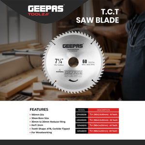Geepas GPA59209 T.C.T Circular Saw Blade 185mm (7¼ Inch) 20T | Carbide Tipped Wood Cutting Blade with 30mm Bore & Reducer Ring for Timber | Plywood and MDF Cutting