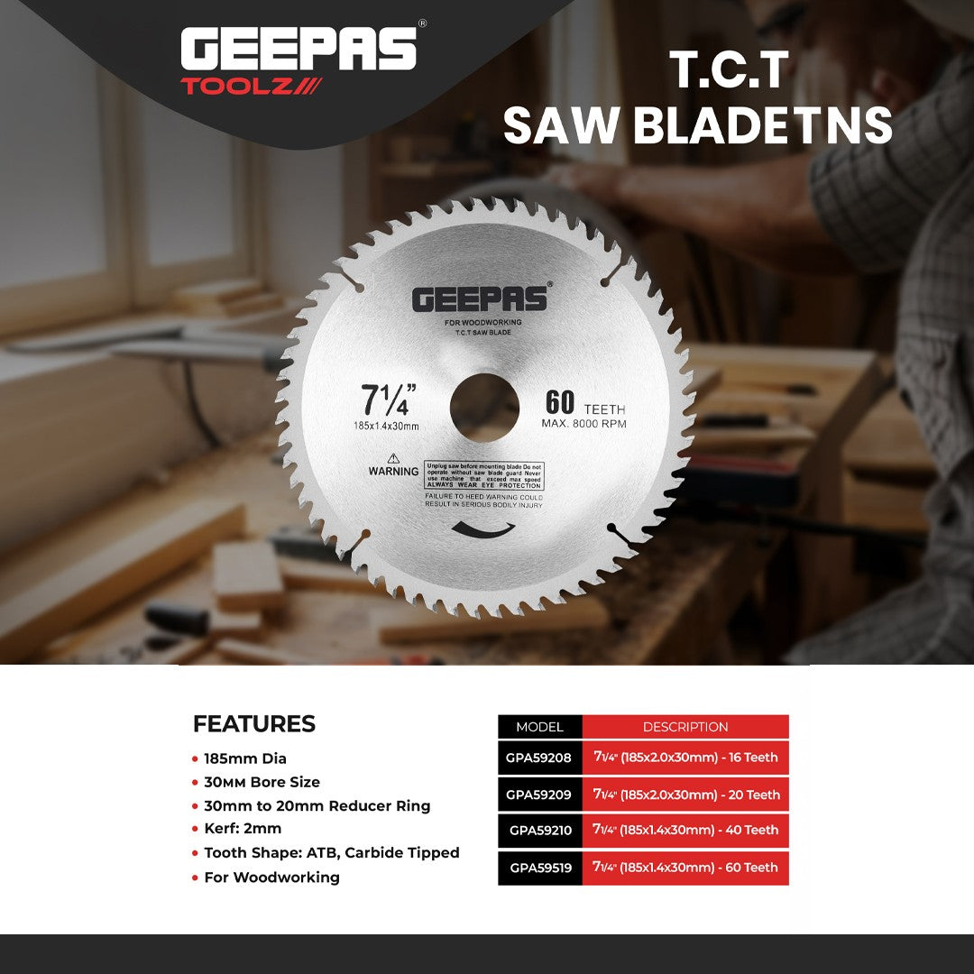 Geepas GPA59210 T.C.T Circular Saw Blade | 185mm x 30mm 40 Teeth| Carbide Tipped Wood Cutting Blade for Circular Saws| Precision Cutting Disc for Timber, MDF & Plywood