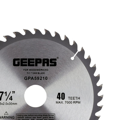 Geepas GPA59210 T.C.T Circular Saw Blade | 185mm x 30mm 40 Teeth| Carbide Tipped Wood Cutting Blade for Circular Saws| Precision Cutting Disc for Timber, MDF & Plywood