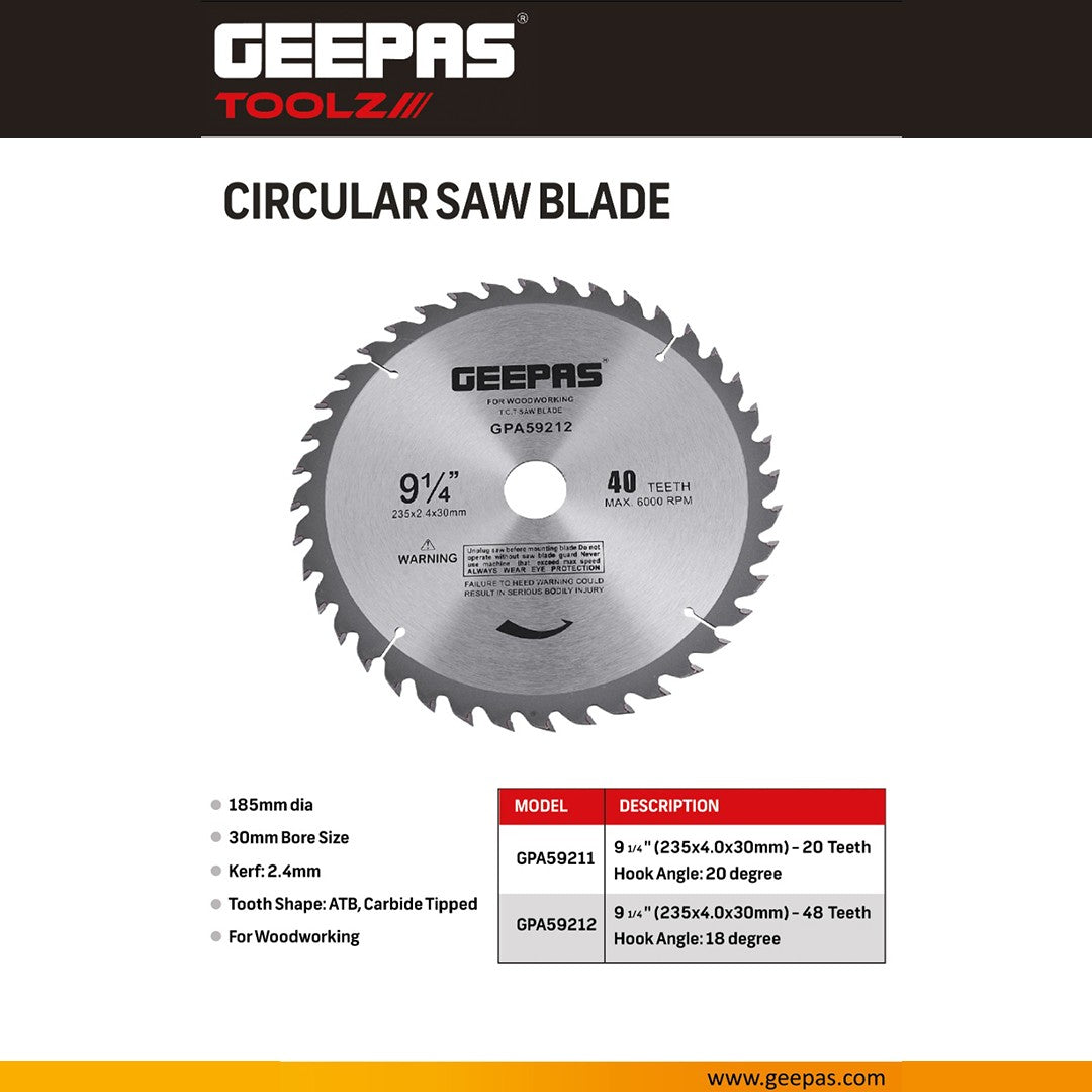 Geepas GPA59211 Circular Saw Blade 235mm (9¼ Inch) 20T | Carbide Tipped Wood Cutting Blade with 30mm Bore Size | Fast Cutting Disc for Timber | Lumber | Plywood & MDF