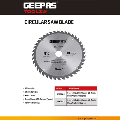 Geepas GPA59212 Circular Saw Blade 235mm (9¼ Inch) 48T | Carbide Tipped Wood Cutting Blade with 30mm Bore | Precision Cutting Disc for Timber | Plywood & MDF Boards