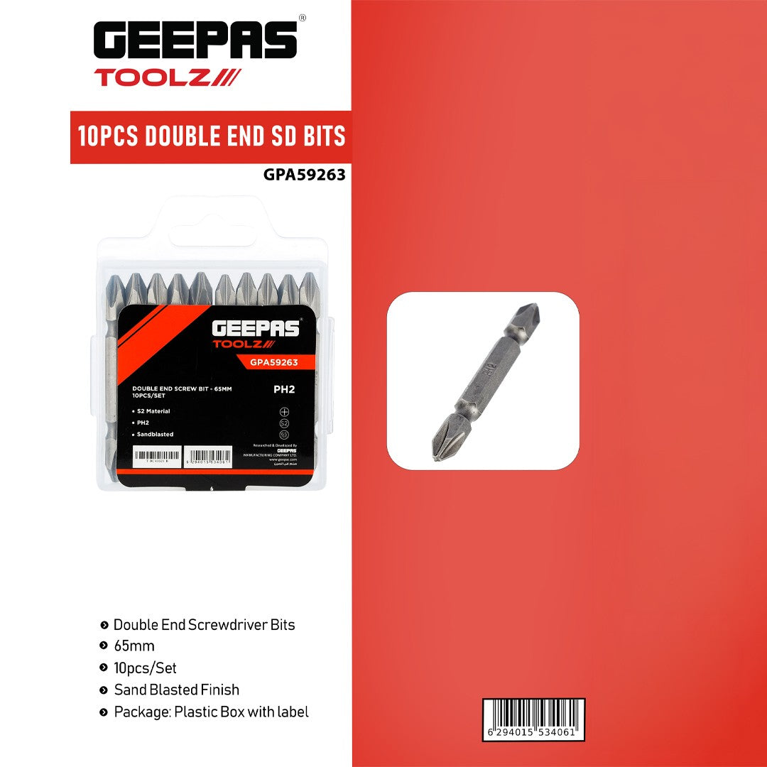 Geepas GPA59263 10PCS Double End SD Bits Set | 65mm PH2 S2 Steel Screwdriver Bits with Sandblasted Finish | Durable Magnetic Driver Bits for DIY & Professional Use