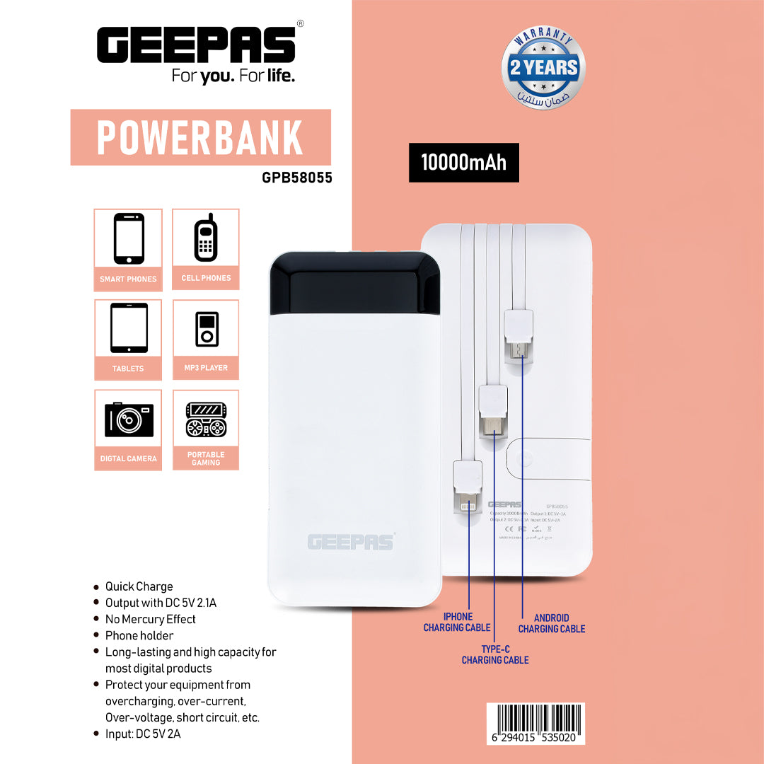 Geepas GPB58055 10000mAh Powerbank | Fast Charging Portable Charger | Built-in iPhone/Android/Type-C Cables| Multi-Device Support|  Phone Holder & 2 Years Warranty