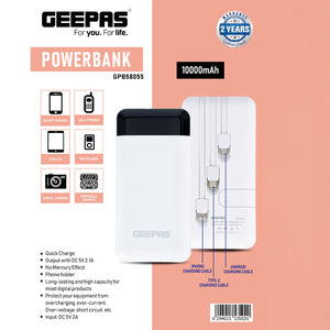 Geepas GPB58055 10000mAh Powerbank | Fast Charging Portable Charger | Built-in iPhone/Android/Type-C Cables| Multi-Device Support|  Phone Holder & 2 Years Warranty