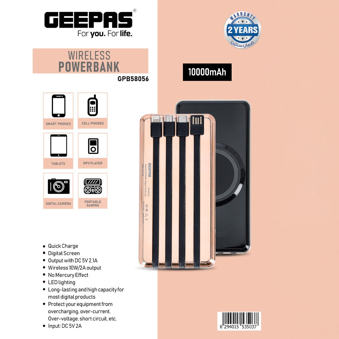 Geepas GPB58056 Wireless Powerbank 10000mAh | Fast Charging| 10W Wireless Output| Digital Display| Built-in Multi Cables| LED Light| Device Protection | 2 Years Warranty