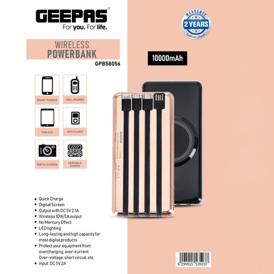Geepas GPB58056 Wireless Powerbank 10000mAh | Fast Charging| 10W Wireless Output| Digital Display| Built-in Multi Cables| LED Light| Device Protection | 2 Years Warranty
