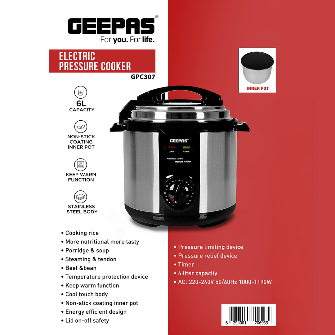 Geepas Electric Pressure Cooker GPC307 | 6L Capacity |  1000–1190W Power | Stainless Steel Durable Body| Non-Stick Inner Pot| Multi Cooking Functions|  Keep Warm Function