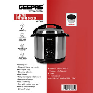 Geepas Electric Pressure Cooker GPC307 | 6L Capacity |  1000–1190W Power | Stainless Steel Durable Body| Non-Stick Inner Pot| Multi Cooking Functions|  Keep Warm Function