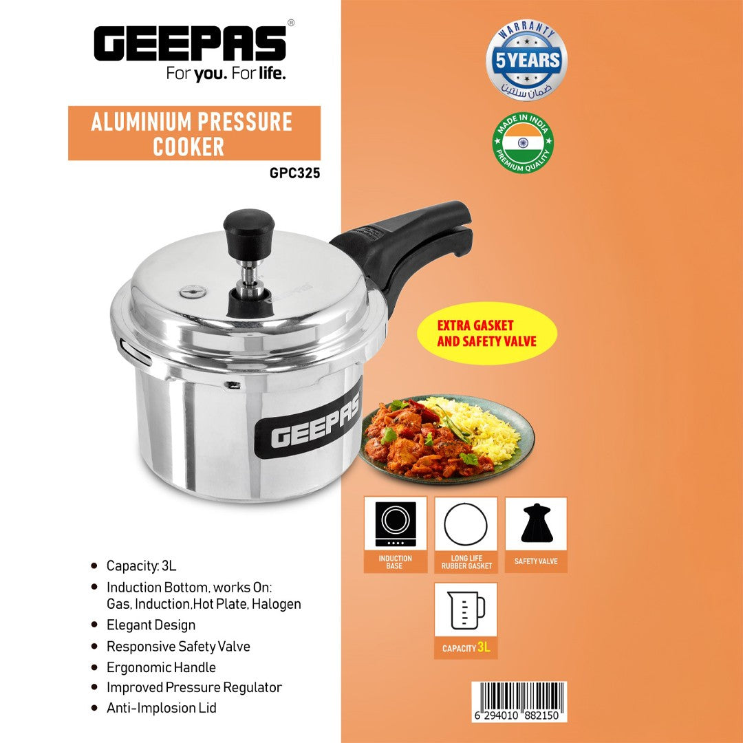 Geepas GPC325 3L Aluminium Pressure Cooker | Induction & Gas Compatible Bottom | Anti-Implosion Lid | Responsive Safety Valve | Extra Gasket Included | 5-Year Warranty
