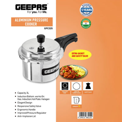 Geepas GPC325 3L Aluminium Pressure Cooker | Induction & Gas Compatible Bottom | Anti-Implosion Lid | Responsive Safety Valve | Extra Gasket Included | 5-Year Warranty
