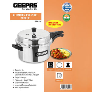 Geepas GPC326 5L Aluminium Pressure Cooker with Induction Bottom | Enhanced Responsive Safety Valve | Improved Pressure Regulator | Anti-Implosion Lid | 5-Year Warranty