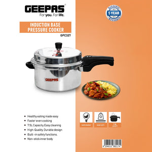 Geepas GPC327 7.5L Induction Base Pressure Cooker | Heavy-Duty Aluminium Build | Built-In Safety Functions for Safe Cooking | Non-Stick Inner Body |  5-Year Warranty