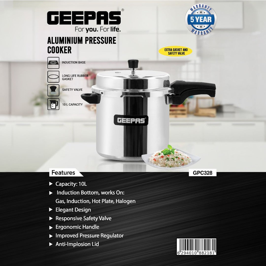 Geepas GPC328 10L Aluminium Pressure Cooker | Induction Bottom| Anti-Implosion Lid| Improved Safety Valve| Extra Gasket | 5-Year Warranty for Safe Large-Capacity Cooking