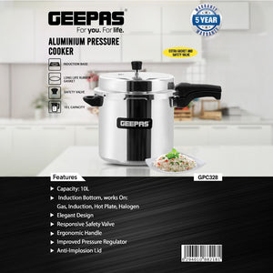 Geepas GPC328 10L Aluminium Pressure Cooker | Induction Bottom| Anti-Implosion Lid| Improved Safety Valve| Extra Gasket | 5-Year Warranty for Safe Large-Capacity Cooking