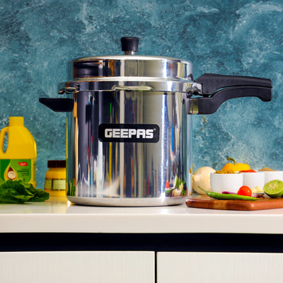 Geepas GPC328 10L Aluminium Pressure Cooker | Induction Bottom| Anti-Implosion Lid| Improved Safety Valve| Extra Gasket | 5-Year Warranty for Safe Large-Capacity Cooking
