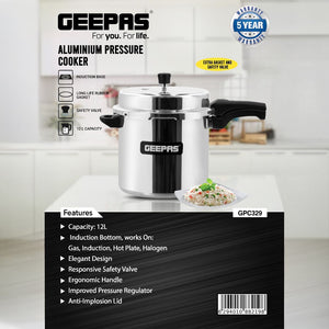 Geepas GPC329 12L Aluminium Pressure Cooker | Induction & Gas Compatible Base | Anti-Implosion Lid | Responsive Safety Valve | Extra Gasket Included | 5-Year Warranty