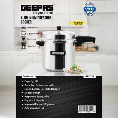 Geepas GPC329 12L Aluminium Pressure Cooker | Induction & Gas Compatible Base | Anti-Implosion Lid | Responsive Safety Valve | Extra Gasket Included | 5-Year Warranty