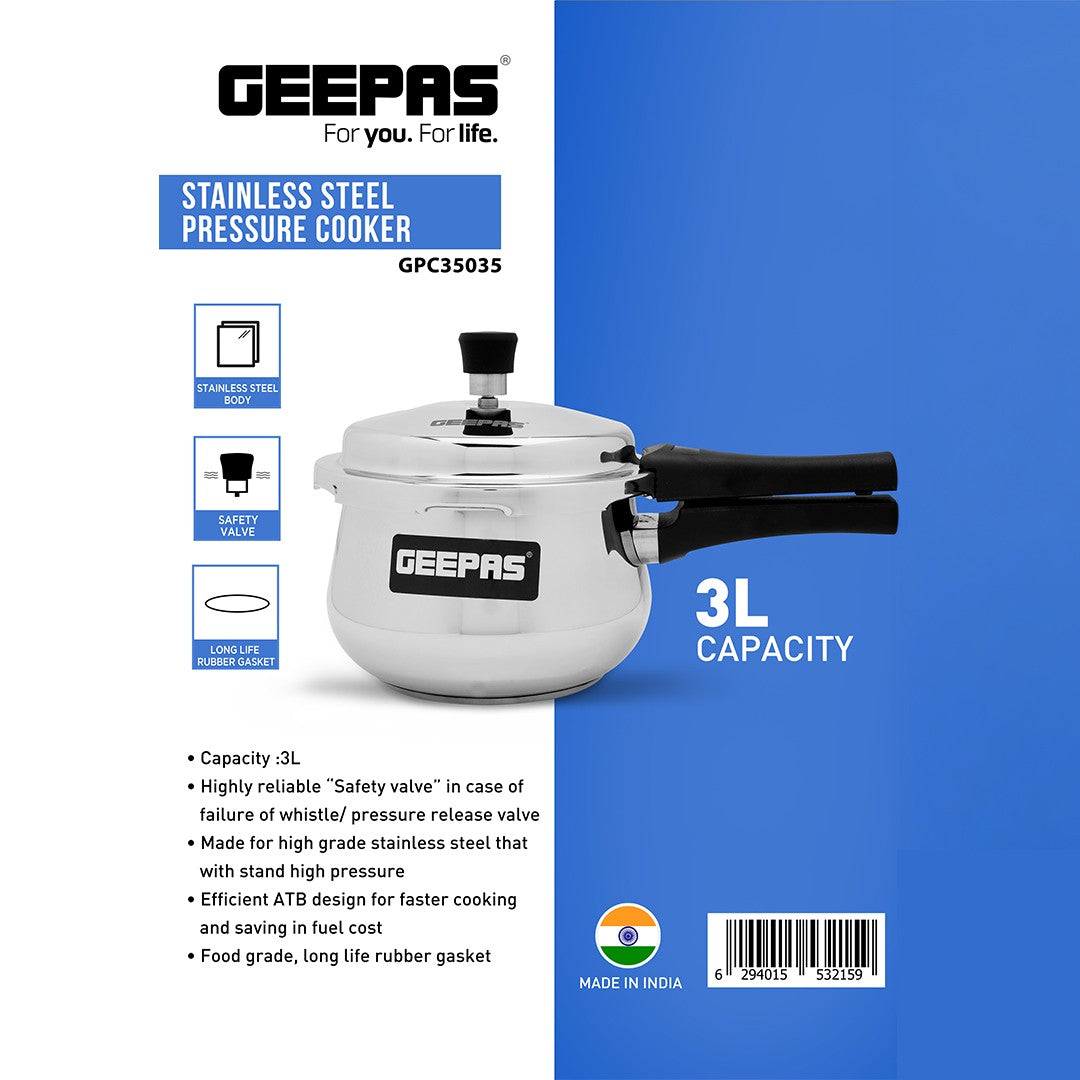 Geepas GPC35035 Stainless Steel Pressure Cooker 3L | High-Pressure Durable Build| Enhanced Safety Valve System| Efficient ATB Fast Cooking Design| Made for Everyday Use