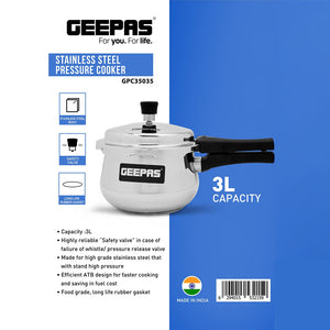 Geepas GPC35035 Stainless Steel Pressure Cooker 3L | High-Pressure Durable Build| Enhanced Safety Valve System| Efficient ATB Fast Cooking Design| Made for Everyday Use