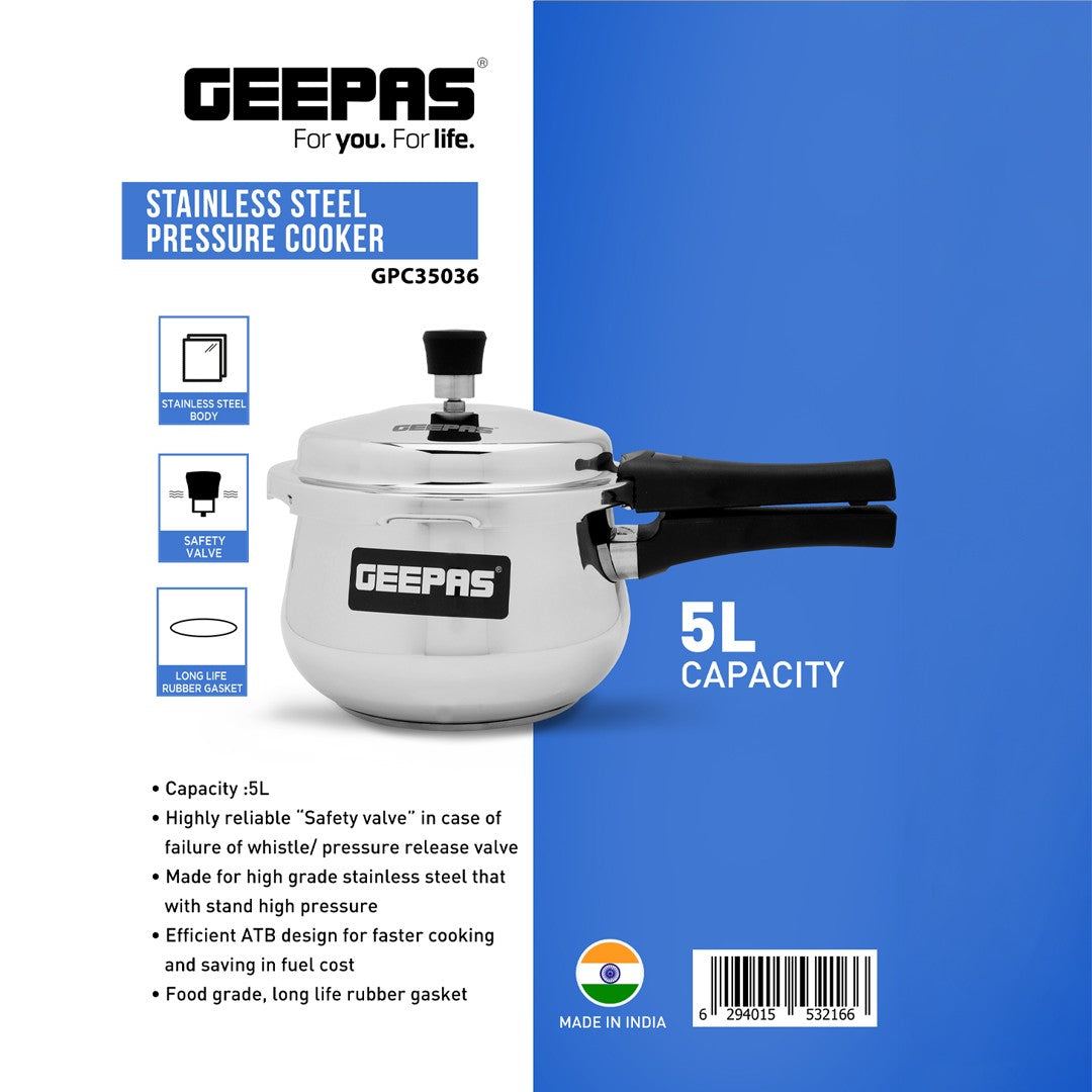 Geepas GPC35036 5L Stainless Steel Pressure Cooker |ATB Base| High-Grade Stainless Steel Body| Reliable Safety Valve & Long-Life Rubber Gasket |Suitable For Safe Cooking