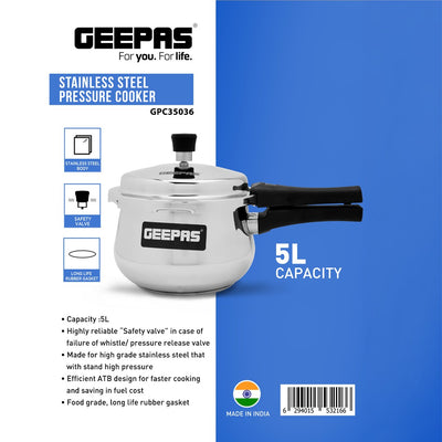 Geepas GPC35036 5L Stainless Steel Pressure Cooker |ATB Base| High-Grade Stainless Steel Body| Reliable Safety Valve & Long-Life Rubber Gasket |Suitable For Safe Cooking