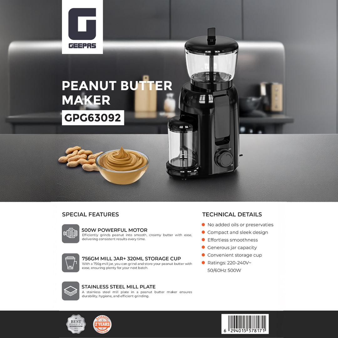 Geepas Peanut Butter Maker GPG63092 |500W Powerful Motor, Durable Stainless Steel Mill Plate, Large 756g Jar|  320ml Storage Cup for Fresh & Healthy Homemade Nut Butter