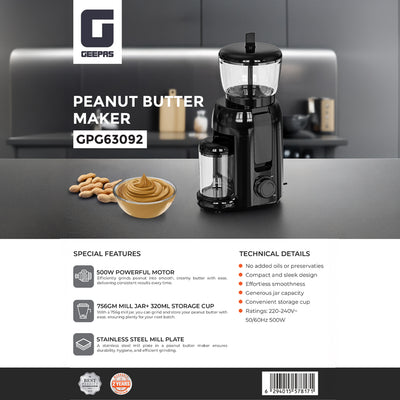 Geepas Peanut Butter Maker GPG63092 |500W Powerful Motor, Durable Stainless Steel Mill Plate, Large 756g Jar|  320ml Storage Cup for Fresh & Healthy Homemade Nut Butter