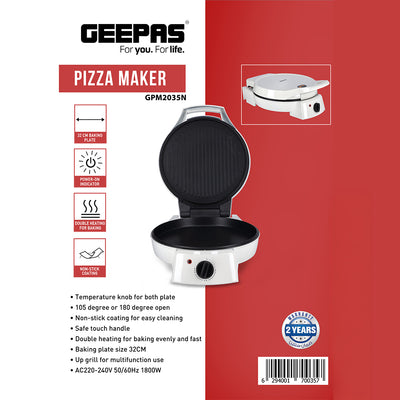 Geepas GPM2035 Pizza Maker | 1800W Electric Pizza Maker with 32CM Non-Stick Baking Plate| Double Heating| Adjustable Temperature| Multifunction Grill | 2 Years Warranty