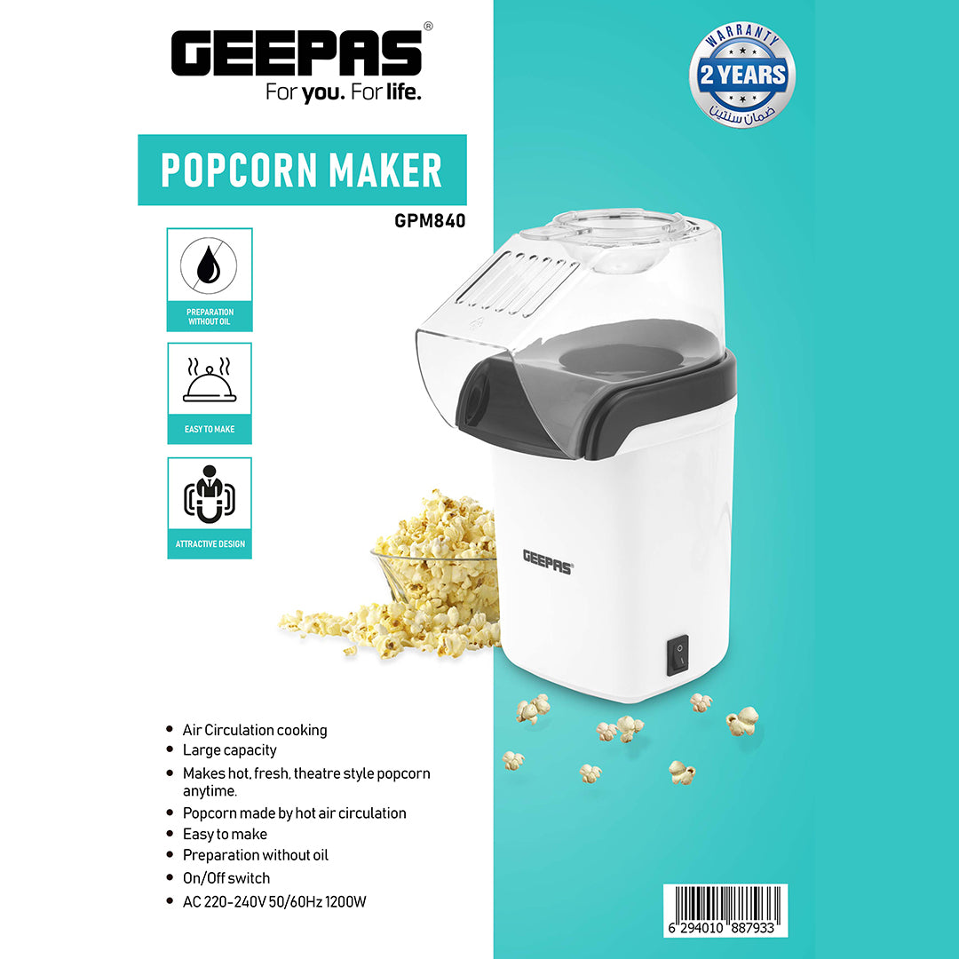 Geepas GPM840 Popcorn Maker | 1200W Hot Air Popcorn Machine | Large Capacity| Oil-Free Preparation| Easy One-Touch Operation| Compact & Stylish Design | 2 Years Warranty