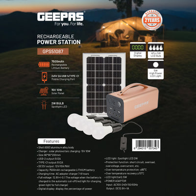 Geepas GPS51087 Rechargeable Power Station | 7500mAh Solar Generator|  Solar Panel   | LED Bulbs | Digital Display for Camping & Emergency Use | 2 Years Warranty
