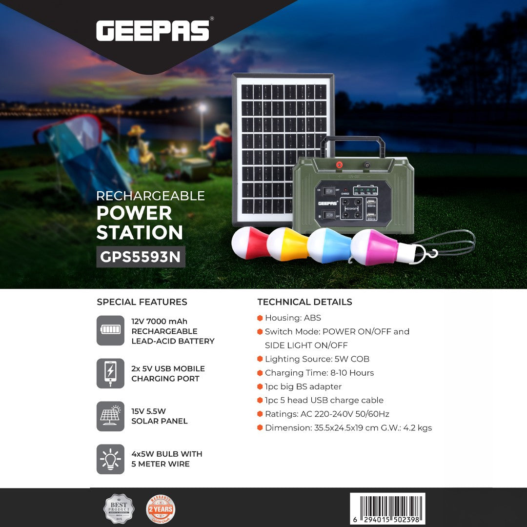 Geepas GPS5593 Rechargeable Power Station | 7000mAh Solar Power Kit | Solar Charging Support | Dual USB Charging Ports | Built-in 5W COB Side Light | Durable ABS Housing