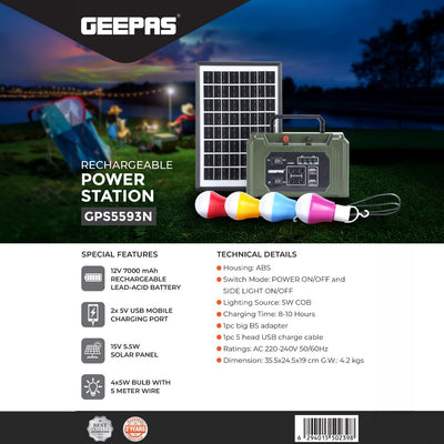 Geepas GPS5593 Rechargeable Power Station | 7000mAh Solar Power Kit | Solar Charging Support | Dual USB Charging Ports | Built-in 5W COB Side Light | Durable ABS Housing