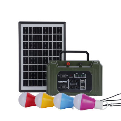 Geepas GPS5593 Rechargeable Power Station | 7000mAh Solar Power Kit | Solar Charging Support | Dual USB Charging Ports | Built-in 5W COB Side Light | Durable ABS Housing