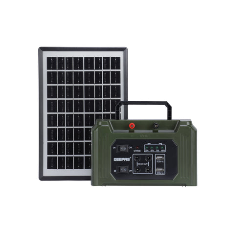 Geepas GPS5593 Rechargeable Power Station | 7000mAh Solar Power Kit | Solar Charging Support | Dual USB Charging Ports | Built-in 5W COB Side Light | Durable ABS Housing