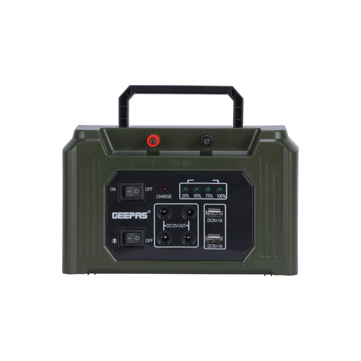 Geepas GPS5593 Rechargeable Power Station | 7000mAh Solar Power Kit | Solar Charging Support | Dual USB Charging Ports | Built-in 5W COB Side Light | Durable ABS Housing