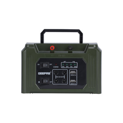 Geepas GPS5593 Rechargeable Power Station | 7000mAh Solar Power Kit | Solar Charging Support | Dual USB Charging Ports | Built-in 5W COB Side Light | Durable ABS Housing