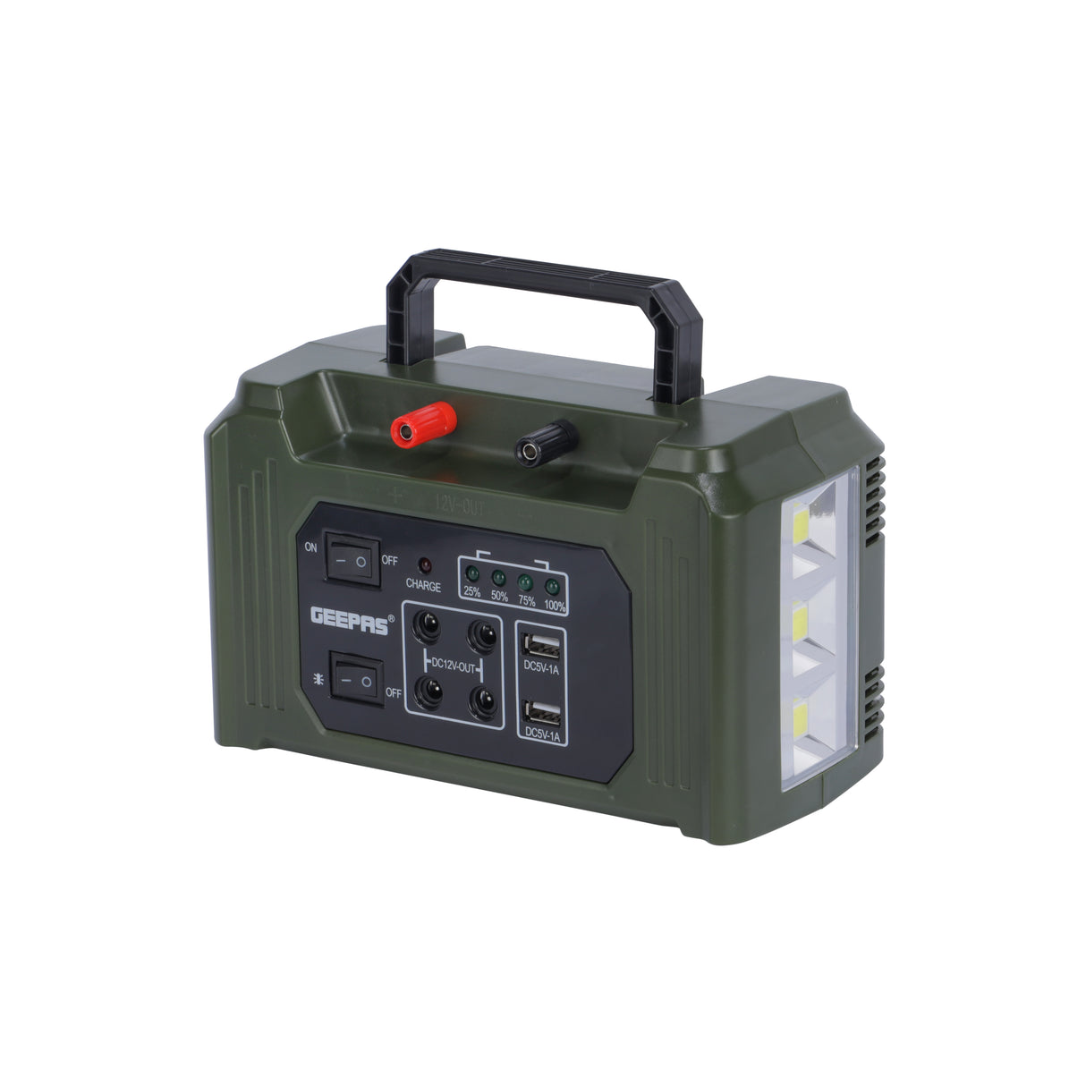 Geepas GPS5593 Rechargeable Power Station | 7000mAh Battery, Solar Panel, Dual USB Charging & 4 LED Bulbs | Dual 5V USB Charging Ports | 5W COB Side Light | ABS Housing