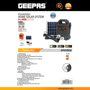 Geepas GPS5902 Rechargeable Home Solar System | 18V 10W Solar Panel, 12V 7.5Ah Battery | Dual USB & 2 LED Bulbs | LCD Digital Display | 2-Year  Warranty | Portable