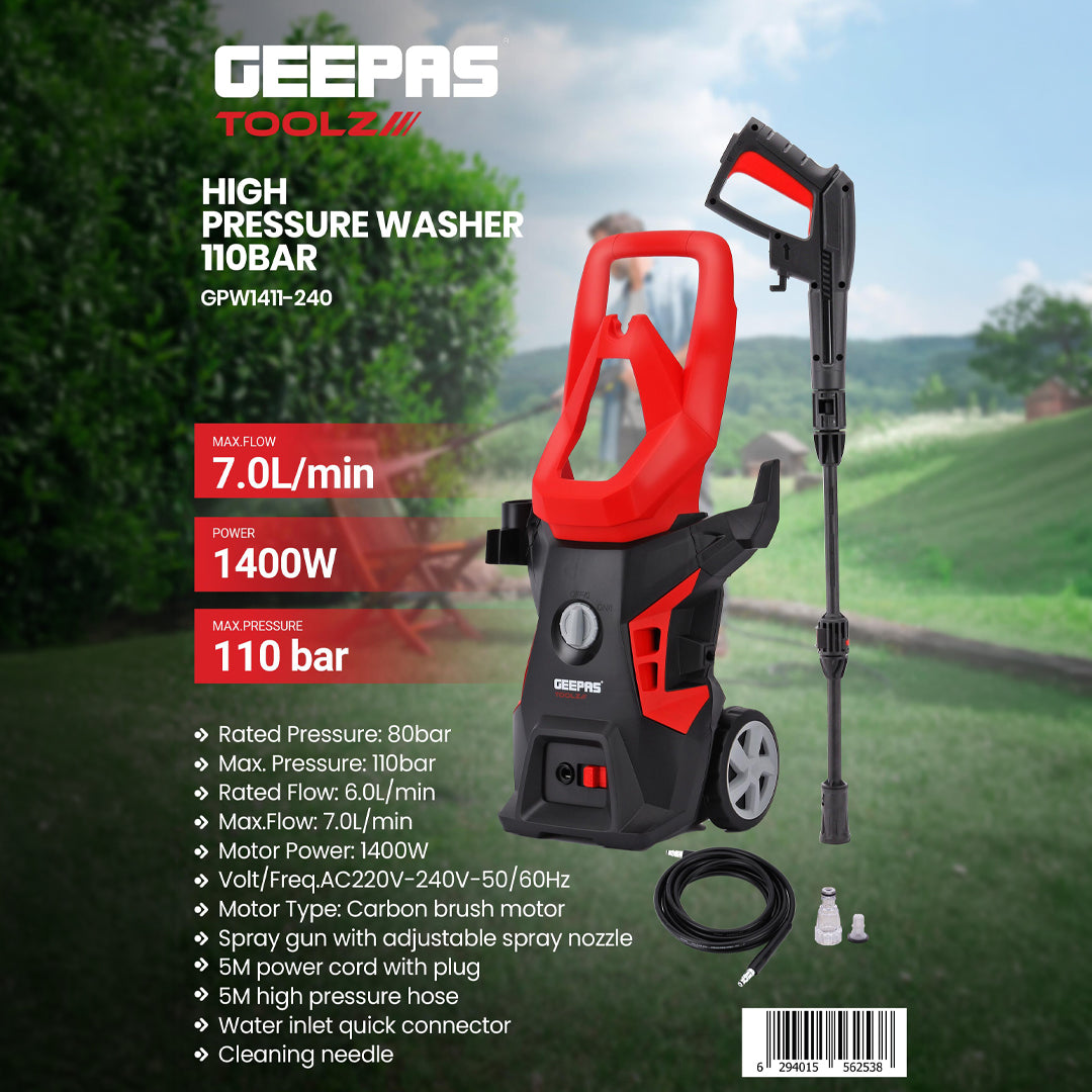 Geepas GPW1411-240 High Pressure Washer |110 Bar| 1400W| 7.0L/min Flow | Adjustable Spray Gun, 5M Hose & Power Cord| Water Inlet Connector| Ideal for car & home cleaning
